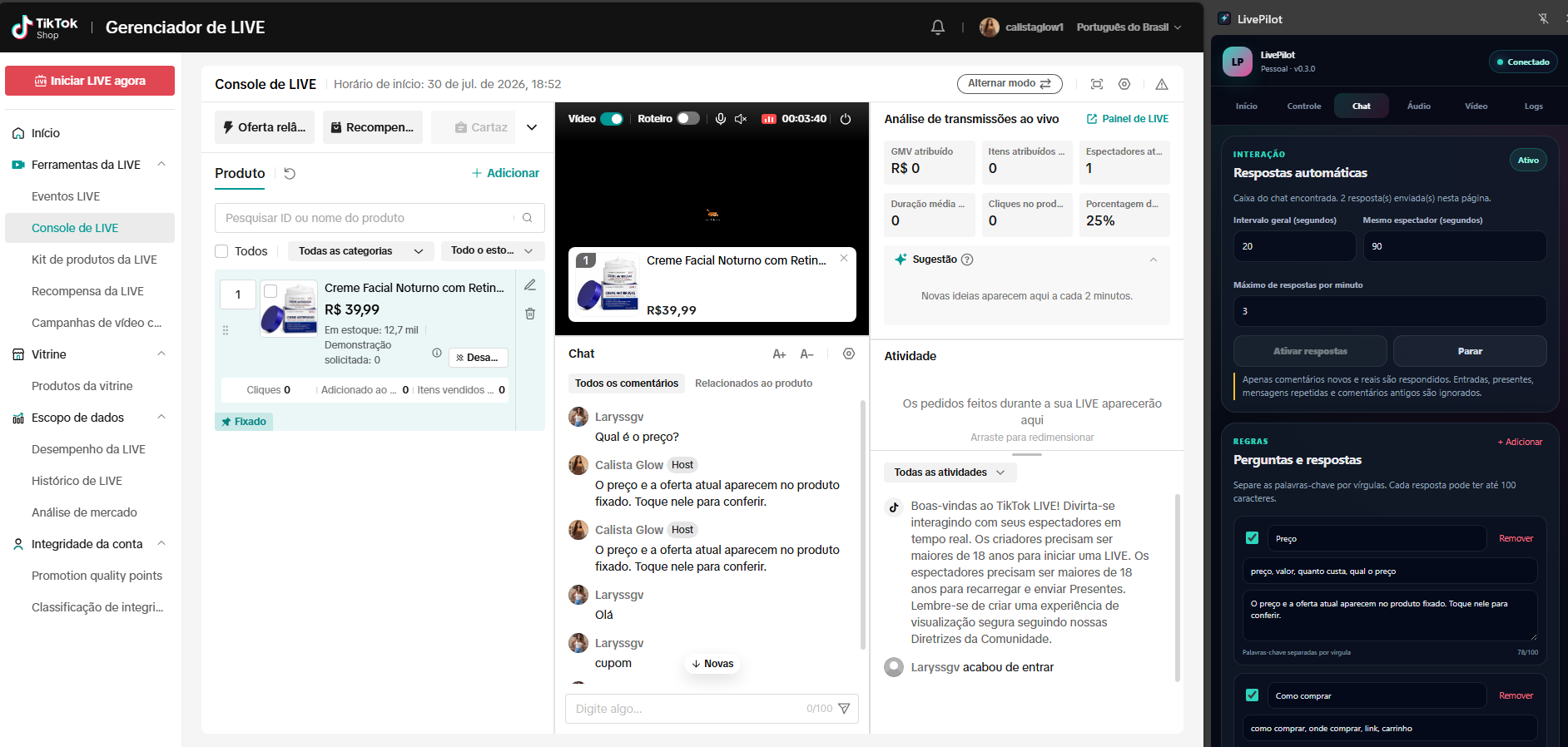 Respostas automáticas do LivePilot funcionando no chat da LIVE