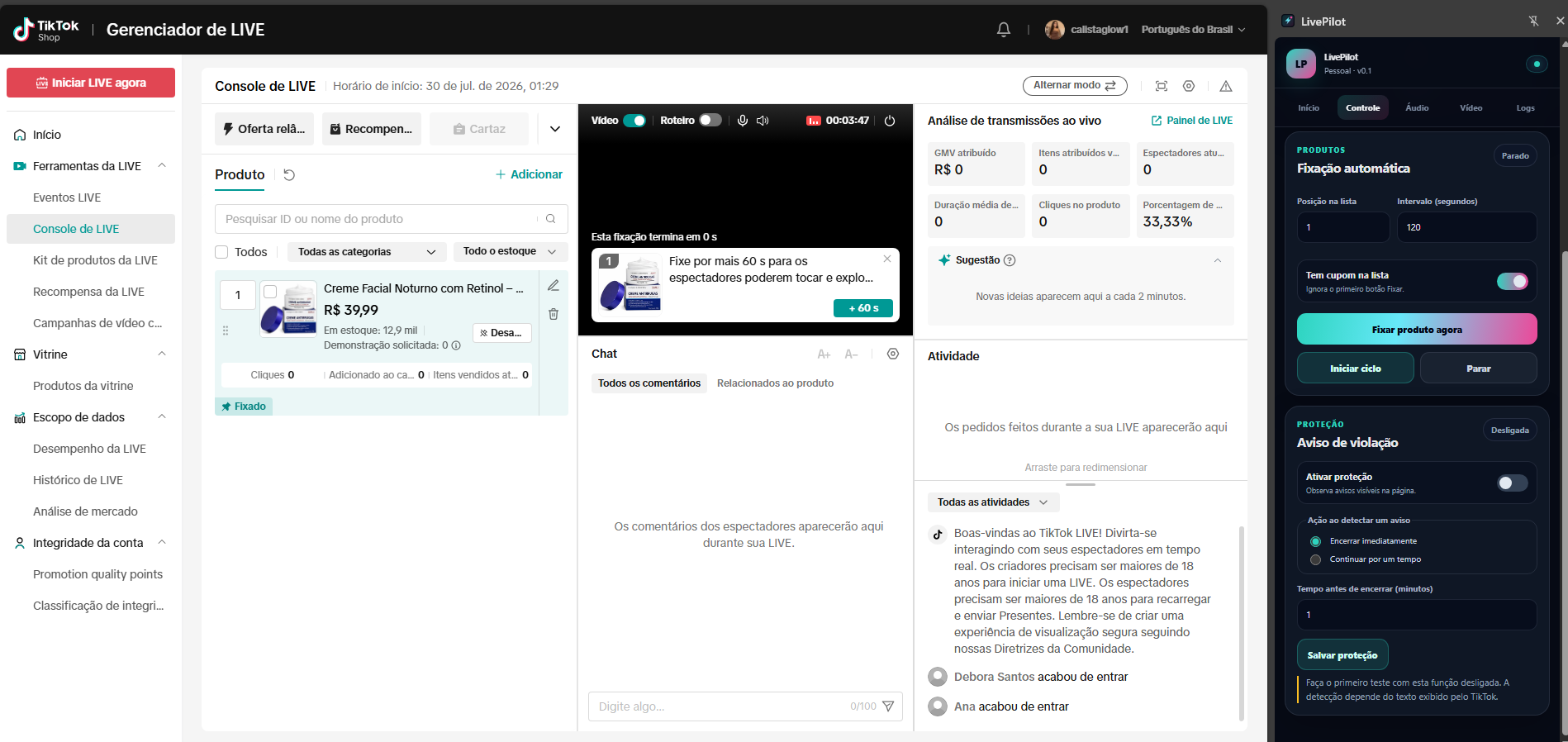 LivePilot aberto ao lado do TikTok Shop Manager
